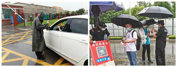 為確保雨天業(yè)達(dá)工業(yè)園廠區(qū)安全工作一切正常，全體保安員不懼風(fēng)雨，冒雨執(zhí)勤，做好疫情防控措施和入園檢查流程 (3)_副本